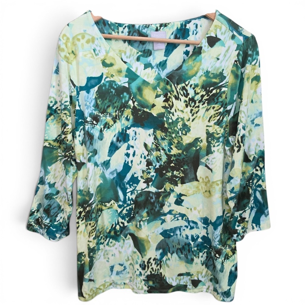 Chicos Top Womens 2 US Large Green V Neck Printed 3/4β Sleeve Stretch Casual